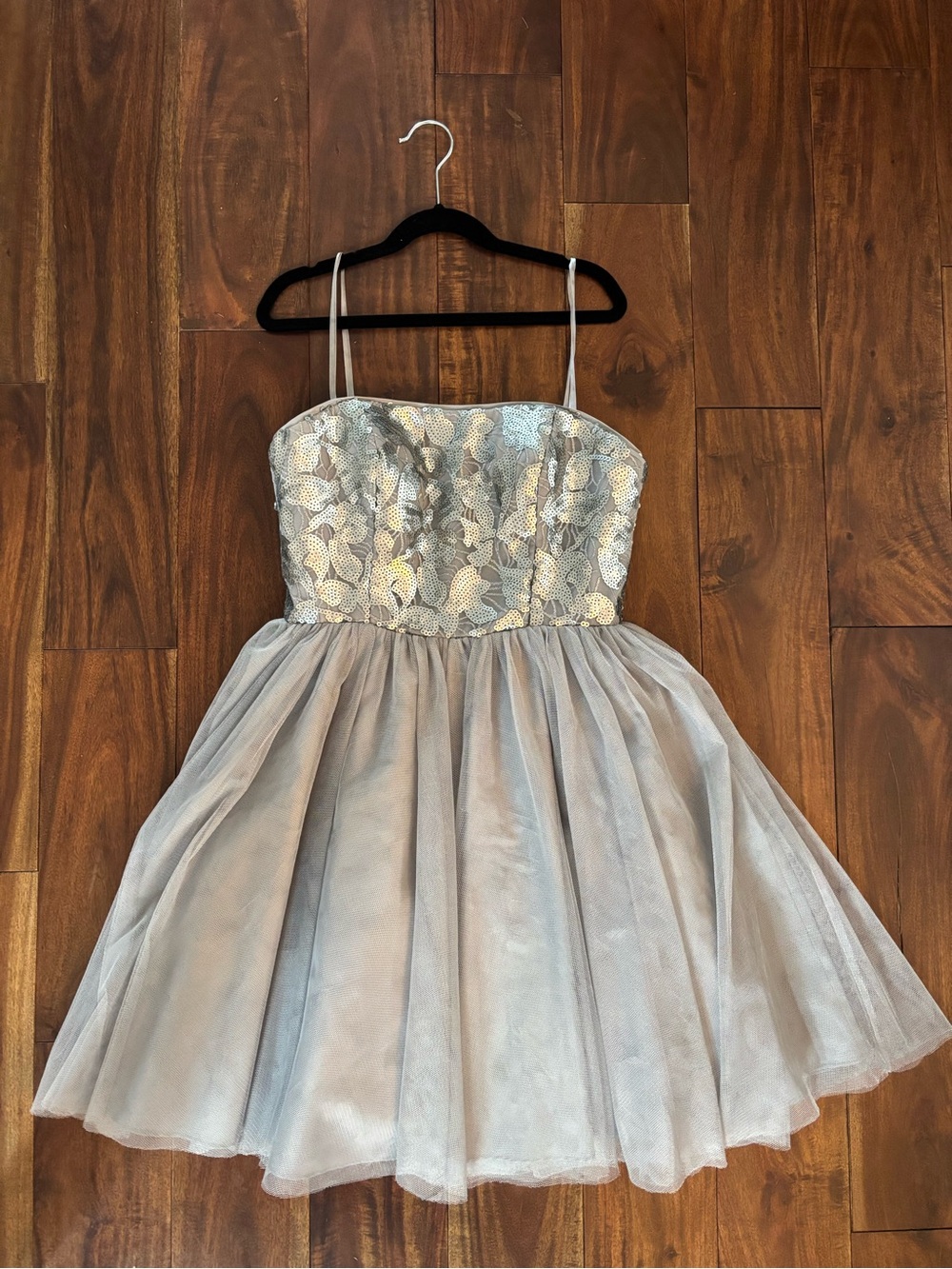 Aidan Mattox Silver Lace Sequin Bodice Tulle Dress